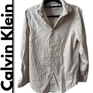 Calvin Klein: Beige Dress Shirt, Slim + Stretch Fit, Size 15 (M).